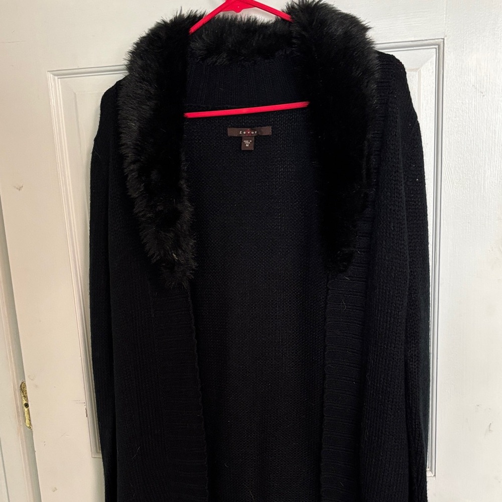 Fever Black Knit Cardigan with Faux Fur Trim